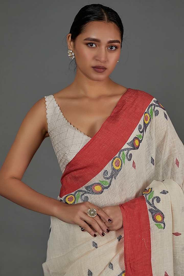 White Pure Linen Festive Saree Set by linencut at Pernia's Pop Up Shop