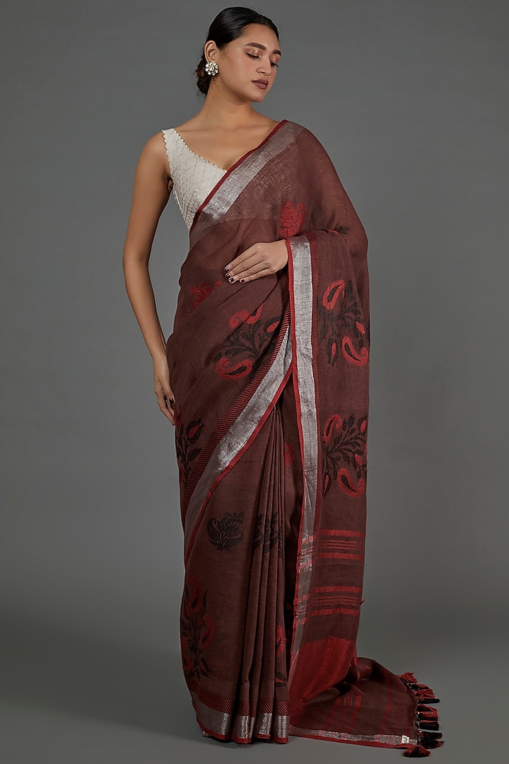 Brown Handwoven Linen Floral Embroidered Saree by linencut at Pernia's Pop Up Shop