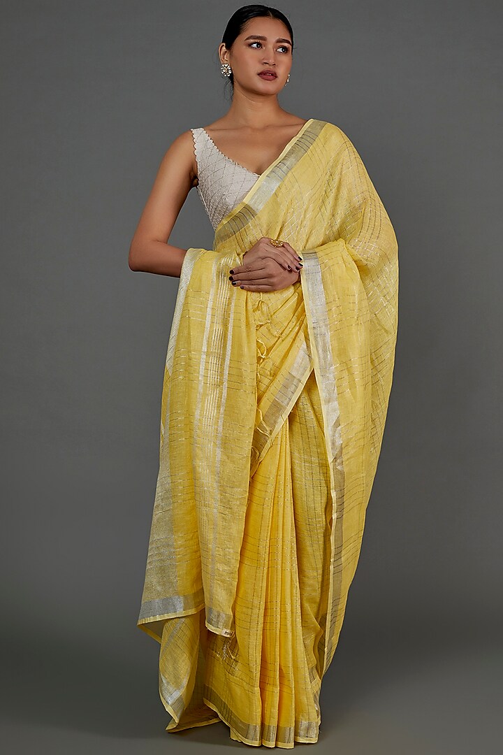 Yellow Handwoven Linen Saree by linencut