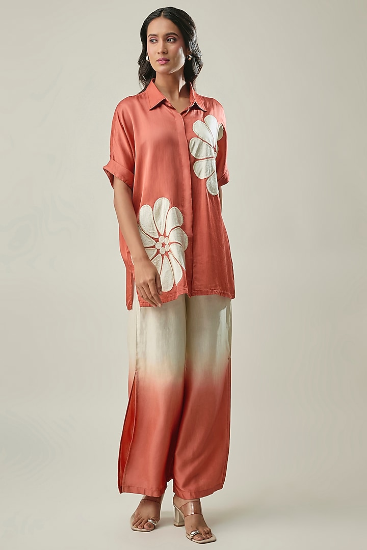 Ivory & Rust Satin Linen Floral Applique Co-ord Set by Linera at Pernia's Pop Up Shop