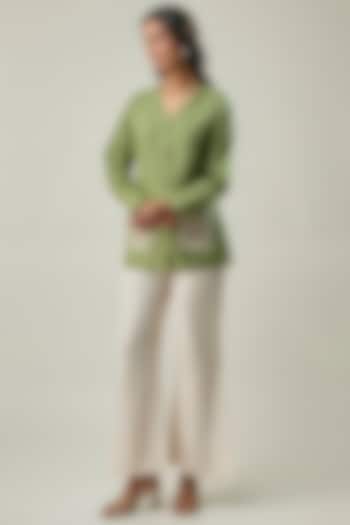 Green & Ivory Pure Linen Embroidered Co-ord Set by Linera at Pernia's Pop Up Shop