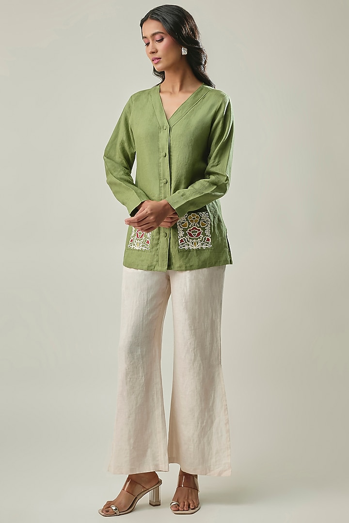 Green & Ivory Pure Linen Embroidered Co-ord Set by Linera at Pernia's Pop Up Shop