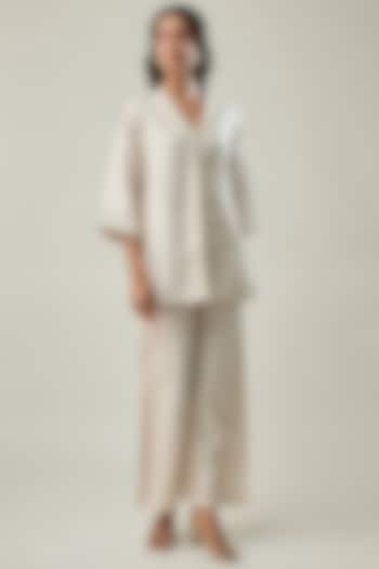 Green & Ivory Pure Linen Embroidered Co-ord Set by Linera at Pernia's Pop Up Shop