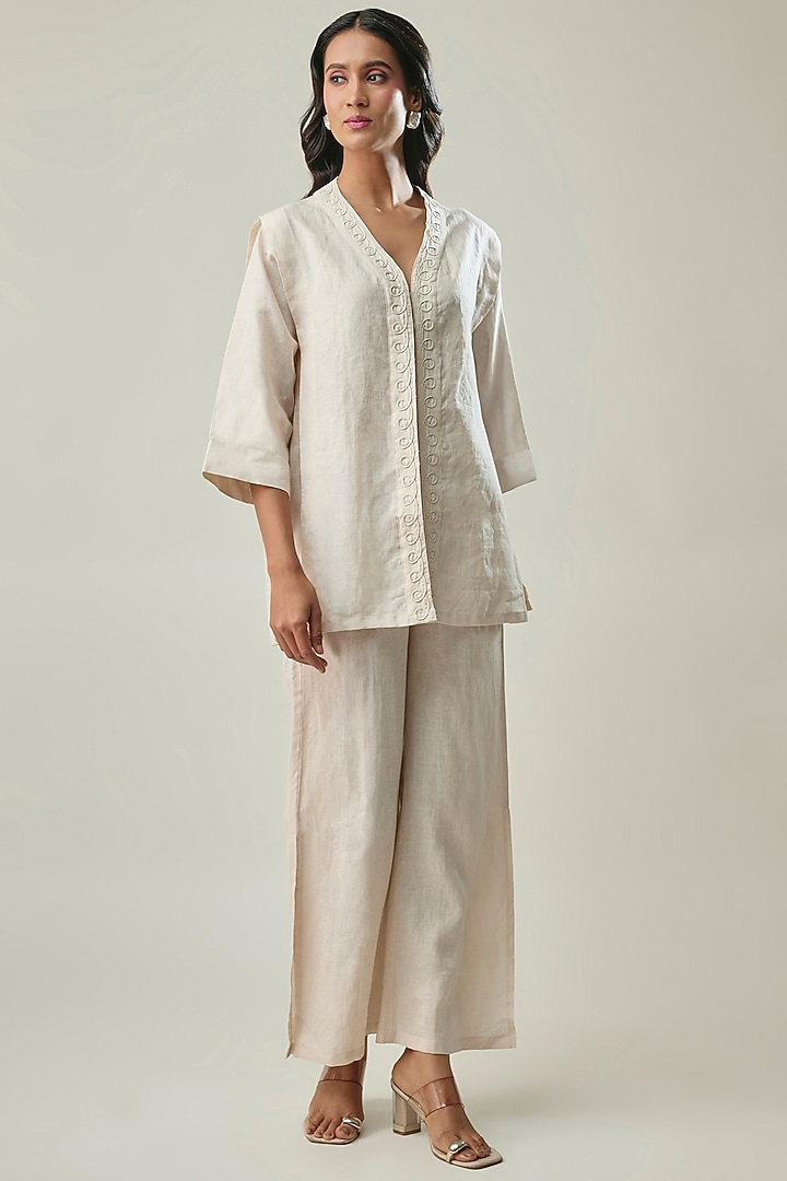 Green & Ivory Pure Linen Embroidered Co-ord Set by Linera at Pernia's Pop Up Shop