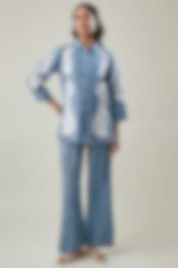 Blue Pure Linen Applique Embroidered Co-ord Set by Linera at Pernia's Pop Up Shop