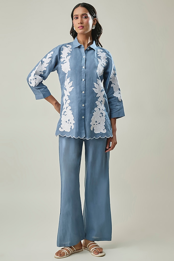 Blue Pure Linen Applique Embroidered Co-ord Set by Linera at Pernia's Pop Up Shop