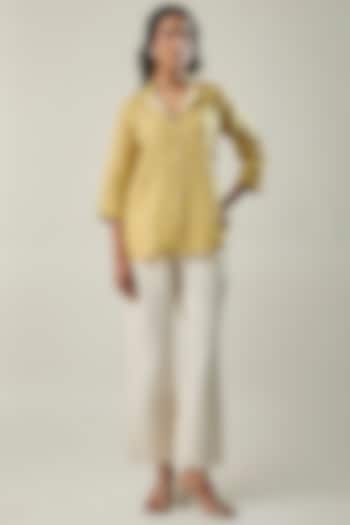 Light Yellow & Ivory Pure Linen Floral Embroidered Co-ord Set by Linera at Pernia's Pop Up Shop