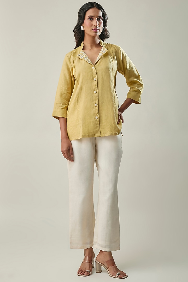 Light Yellow & Ivory Pure Linen Floral Embroidered Co-ord Set by Linera at Pernia's Pop Up Shop