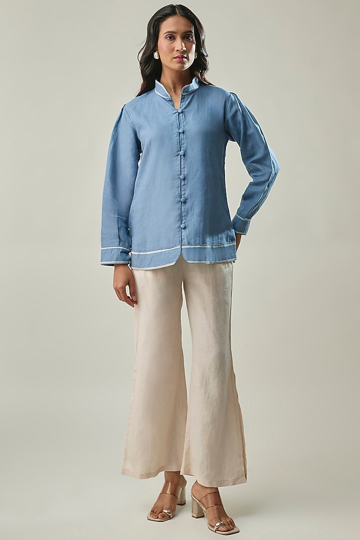 Blue & Ivory Pure Linen Co-ord Set by Linera at Pernia's Pop Up Shop
