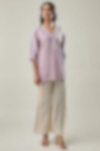 Purple & Ivory Pure Linen Embroidered Co-ord Set by Linera at Pernia's Pop Up Shop