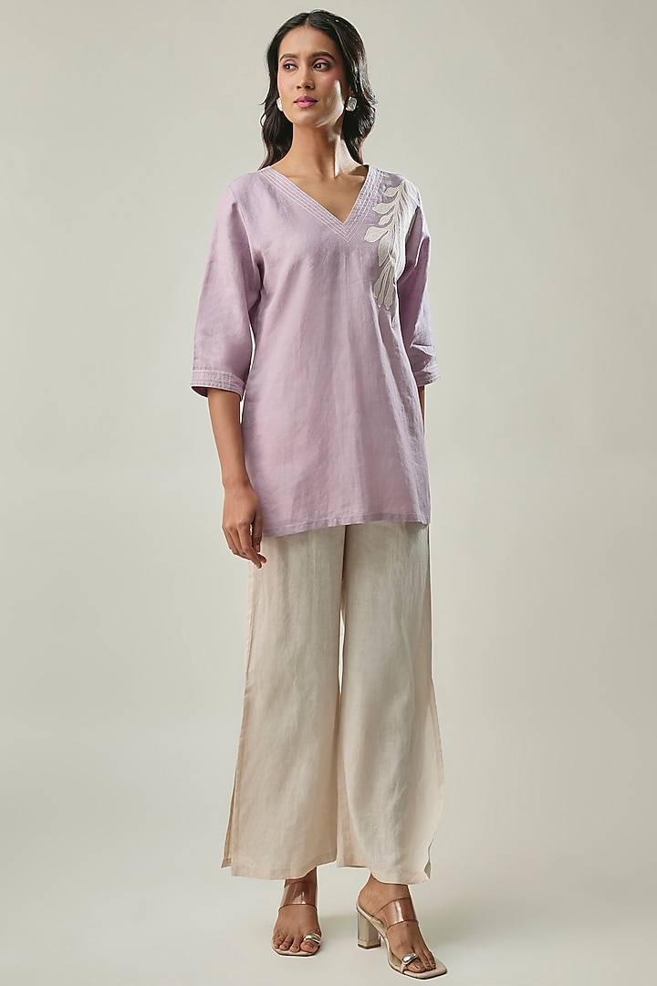 Purple & Ivory Pure Linen Embroidered Co-ord Set by Linera at Pernia's Pop Up Shop