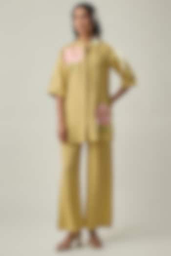 Mustard Yellow Pure Linen Floral Embroidered Co-ord Set by Linera at Pernia's Pop Up Shop
