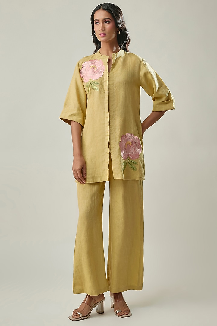 Mustard Yellow Pure Linen Floral Embroidered Co-ord Set by Linera at Pernia's Pop Up Shop