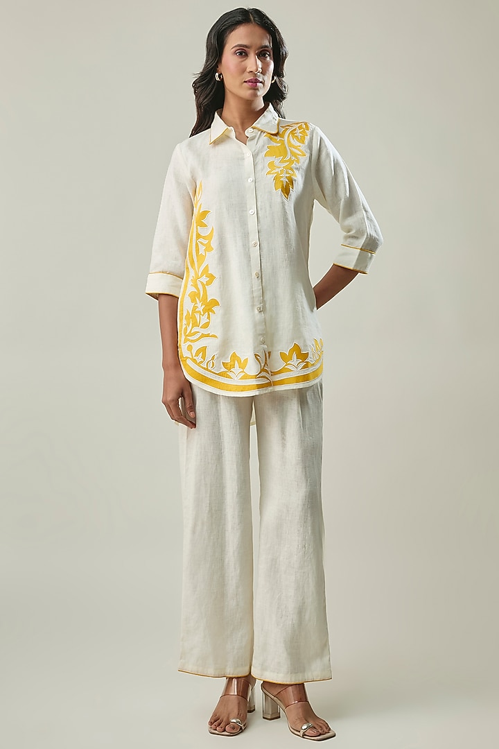 Ivory Pure Linen Applique Embroidered Co-ord Set by Linera at Pernia's Pop Up Shop