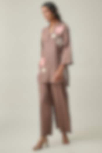 Brown Pure Linen Floral Embroidered Kurta Set by Linera at Pernia's Pop Up Shop