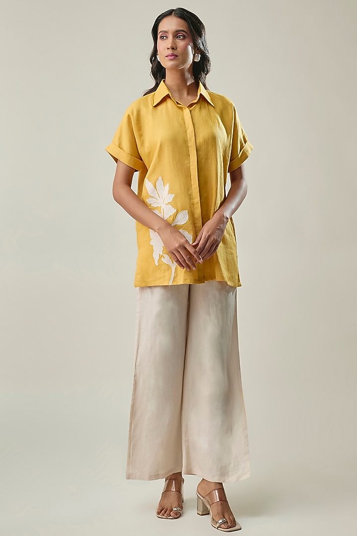 Mustard & Ivory Pure Linen Applique Embroidered Co-ord Set by Linera at Pernia's Pop Up Shop