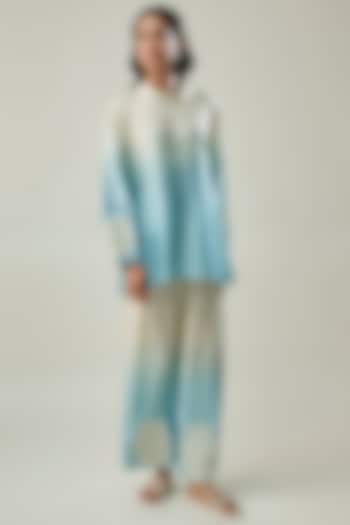 Sky Blue Ombre Satin Linen Tonal Embroidered Co-ord Set by Linera at Pernia's Pop Up Shop