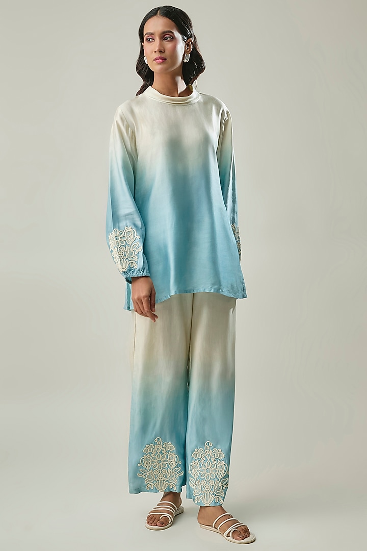 Sky Blue Ombre Satin Linen Tonal Embroidered Co-ord Set by Linera at Pernia's Pop Up Shop