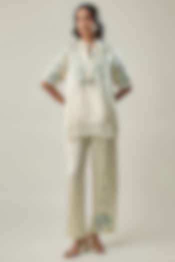 Ivory Satin Linen Floral Embroidered Tunic Set by Linera at Pernia's Pop Up Shop