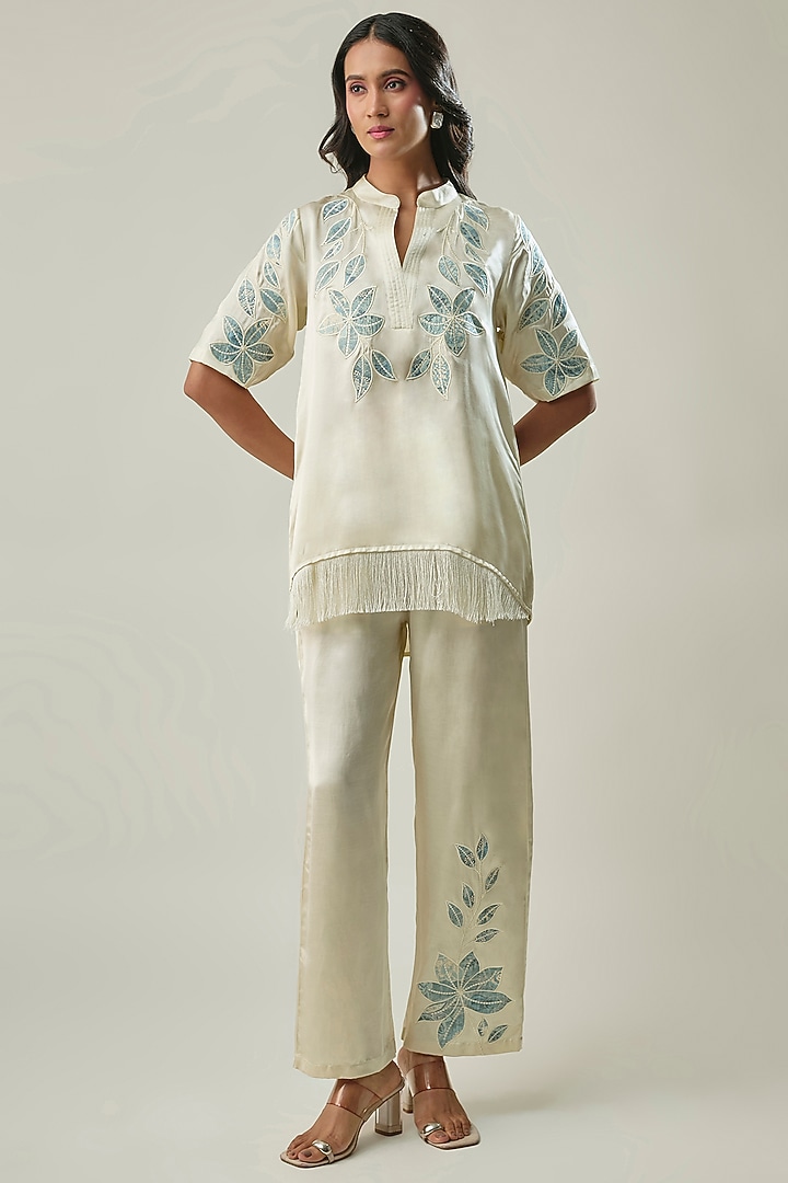 Ivory Satin Linen Floral Embroidered Tunic Set by Linera at Pernia's Pop Up Shop