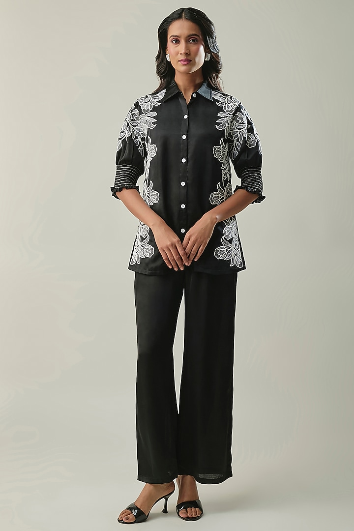 Black Satin Linen Floral Embroidered Co-ord Set by Linera at Pernia's Pop Up Shop