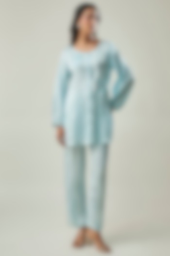 Sky Blue Satin Linen Floral Bead Embroidered Co-ord Set by Linera at Pernia's Pop Up Shop