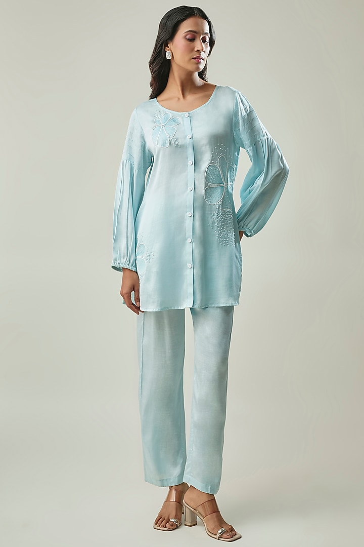 Sky Blue Satin Linen Floral Bead Embroidered Co-ord Set by Linera at Pernia's Pop Up Shop