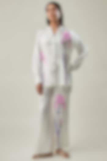 White Satin Linen Floral Embroidered Co-Ord Set by Linera at Pernia's Pop Up Shop