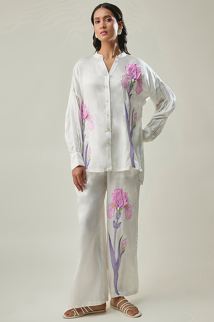 White Satin Linen Floral Embroidered Co-Ord Set by Linera at Pernia's Pop Up Shop