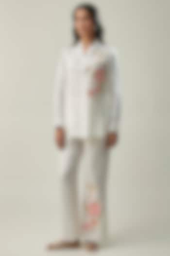 Off-White Satin Linen Floral Embroidered Co-Ord Set by Linera at Pernia's Pop Up Shop