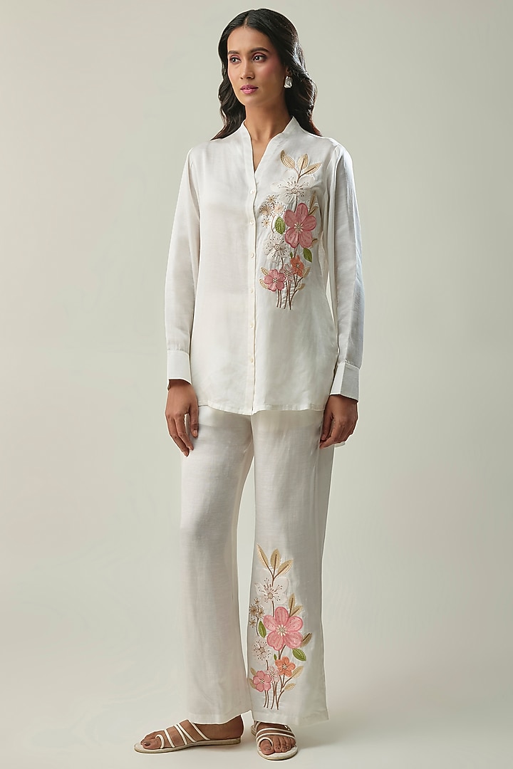 Off-White Satin Linen Floral Embroidered Co-Ord Set by Linera at Pernia's Pop Up Shop