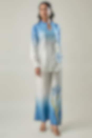 Blue Ombre Satin Linen Floral Embroidered Co-ord Set by Linera at Pernia's Pop Up Shop