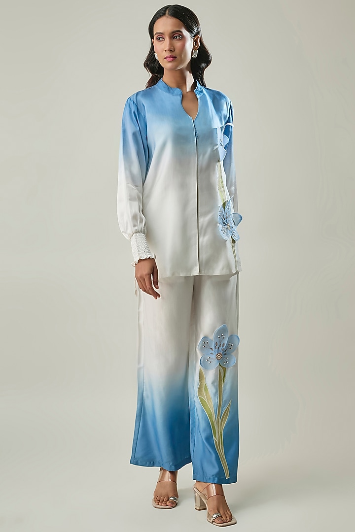 Blue Ombre Satin Linen Floral Embroidered Co-ord Set by Linera at Pernia's Pop Up Shop