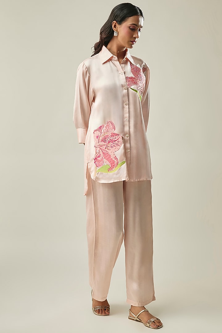Peach Satin Linen 3D Floral Embroidered Co-ord Set by Linera at Pernia's Pop Up Shop