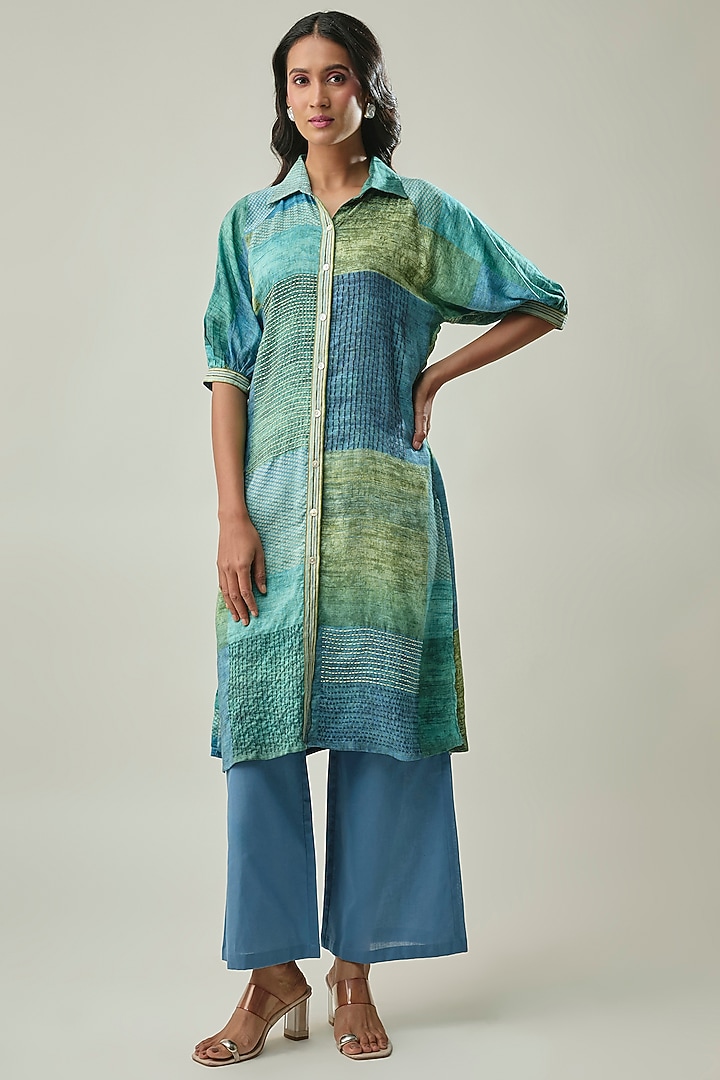 Ocean Blue Satin Linen Abstract Printed Co-ord Set by Linera at Pernia's Pop Up Shop