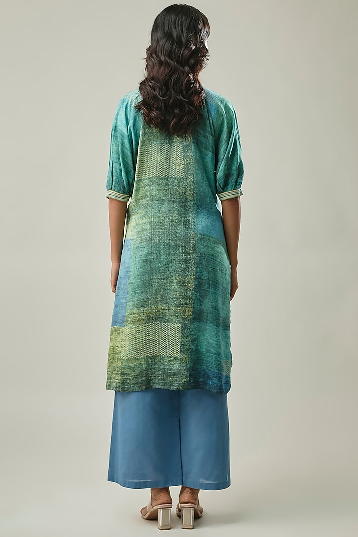 Ocean Blue Satin Linen Abstract Printed Co-ord Set by Linera at Pernia's Pop Up Shop