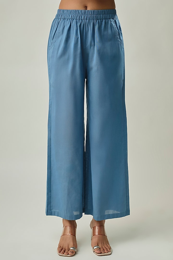 Ocean Blue Satin Linen Abstract Printed Co-ord Set by Linera at Pernia's Pop Up Shop