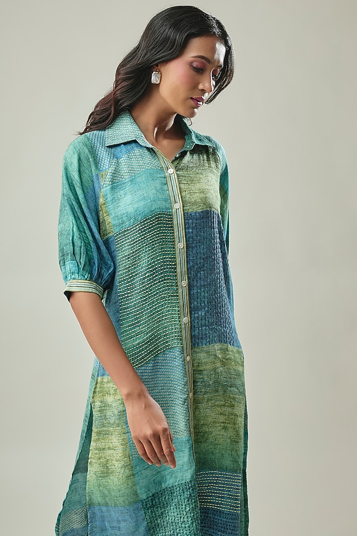 Ocean Blue Satin Linen Abstract Printed Co-ord Set by Linera at Pernia's Pop Up Shop