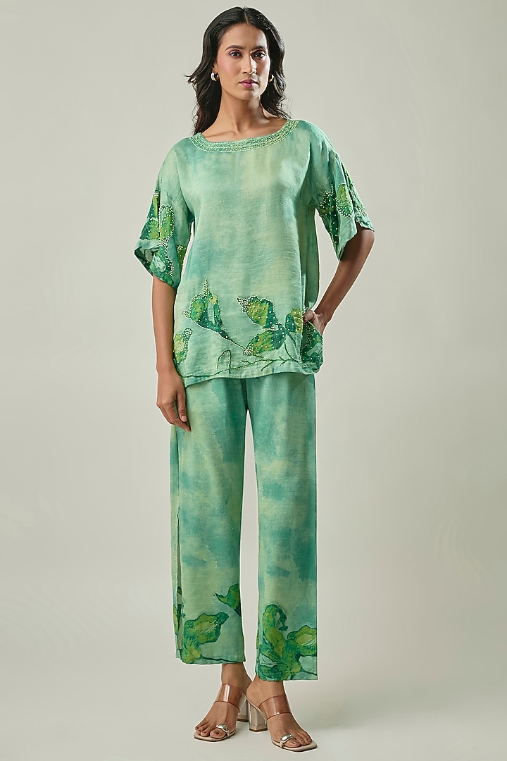 Green Satin Linen Floral Printed & Bead Embroidered Co-ord Set by Linera at Pernia's Pop Up Shop