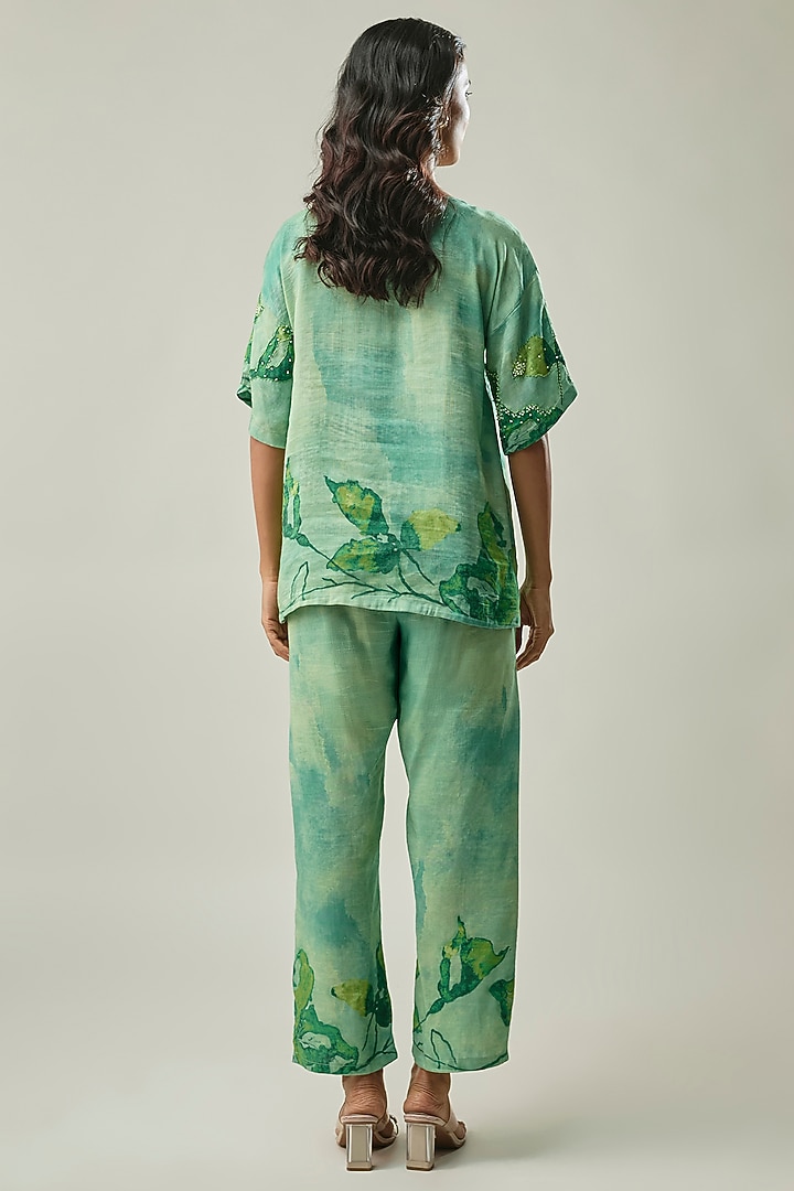 Green Satin Linen Floral Printed & Bead Embroidered Co-ord Set by Linera at Pernia's Pop Up Shop