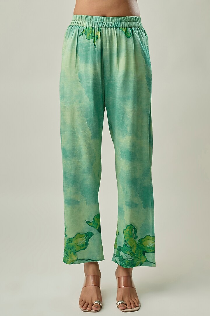 Green Satin Linen Floral Printed & Bead Embroidered Co-ord Set by Linera at Pernia's Pop Up Shop