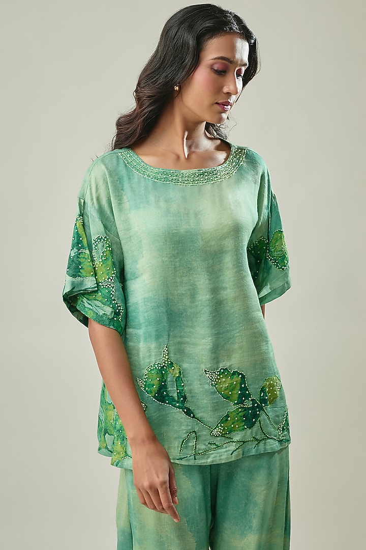 Green Satin Linen Floral Printed & Bead Embroidered Co-ord Set by Linera at Pernia's Pop Up Shop
