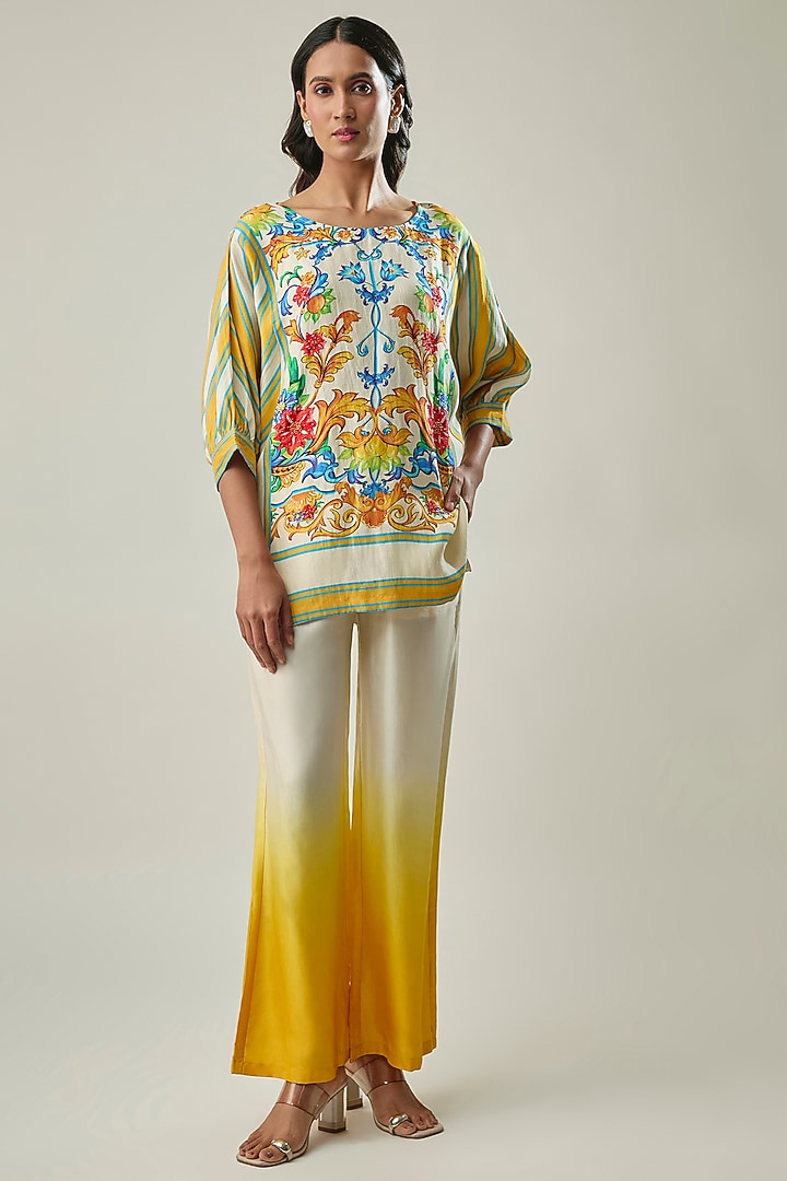 Yellow & Ivory Ombre Satin Linen Floral Printed & Bead Embroidered Co-ord Set by Linera at Pernia's Pop Up Shop