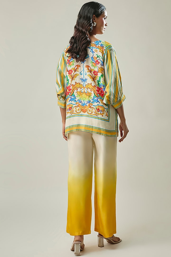 Yellow & Ivory Ombre Satin Linen Floral Printed & Bead Embroidered Co-ord Set by Linera at Pernia's Pop Up Shop