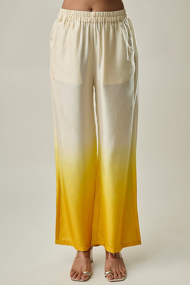 Yellow & Ivory Ombre Satin Linen Floral Printed & Bead Embroidered Co-ord Set by Linera at Pernia's Pop Up Shop