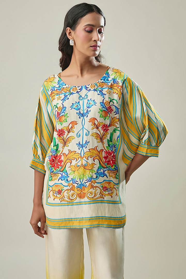 Yellow & Ivory Ombre Satin Linen Floral Printed & Bead Embroidered Co-ord Set by Linera at Pernia's Pop Up Shop