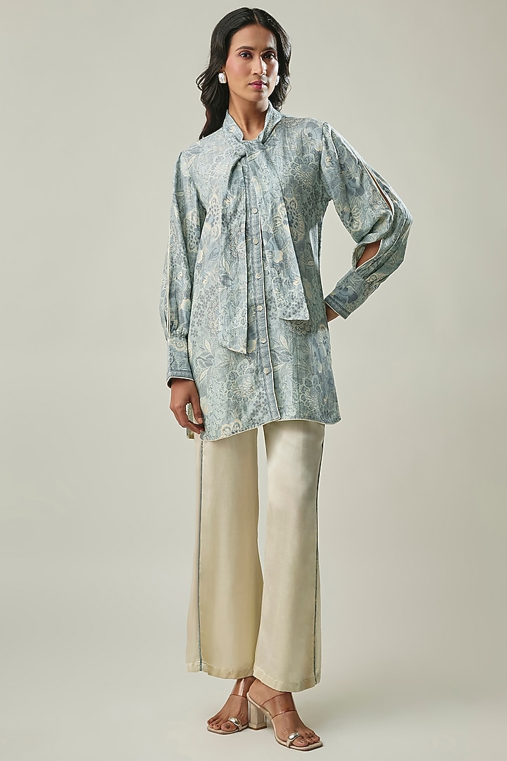 Ice Blue & Ivory Satin Linen Floral Printed Co-ord Set by Linera at Pernia's Pop Up Shop