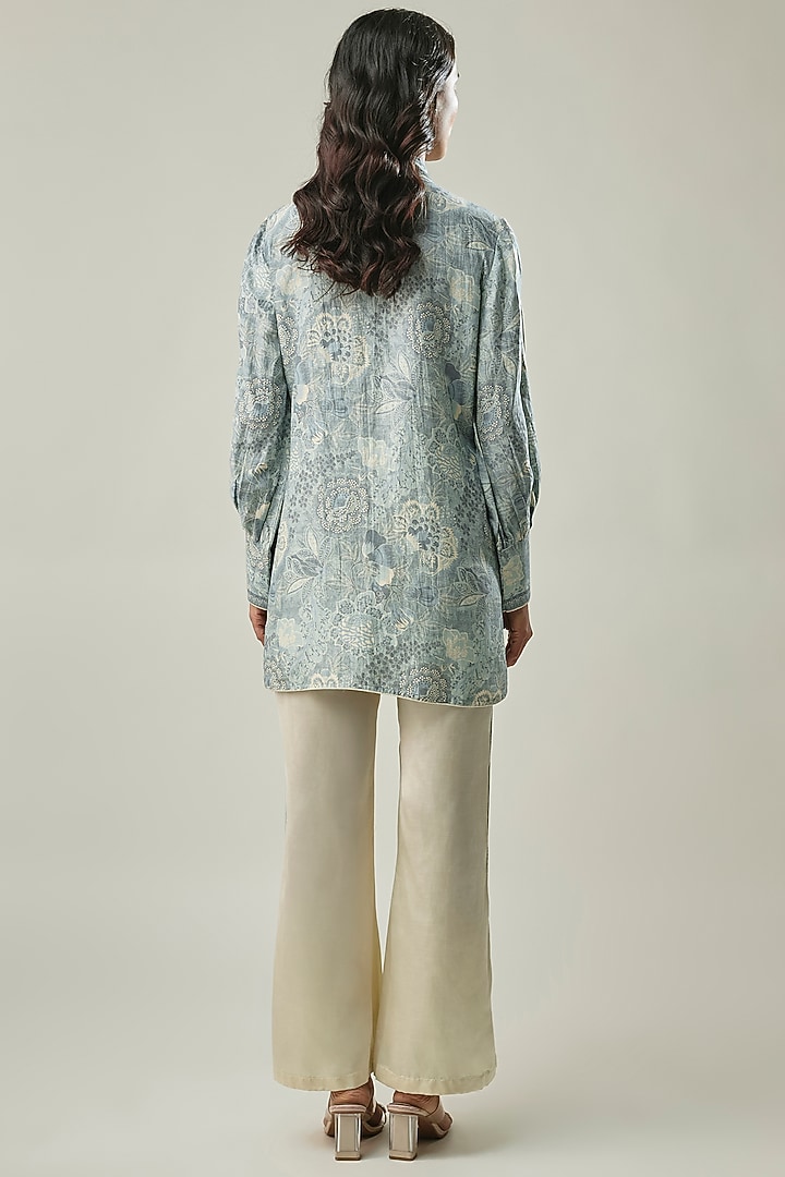 Ice Blue & Ivory Satin Linen Floral Printed Co-ord Set by Linera at Pernia's Pop Up Shop