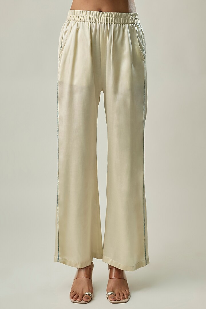Ice Blue & Ivory Satin Linen Floral Printed Co-ord Set by Linera at Pernia's Pop Up Shop