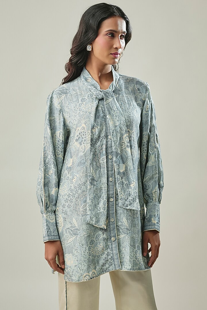 Ice Blue & Ivory Satin Linen Floral Printed Co-ord Set by Linera at Pernia's Pop Up Shop